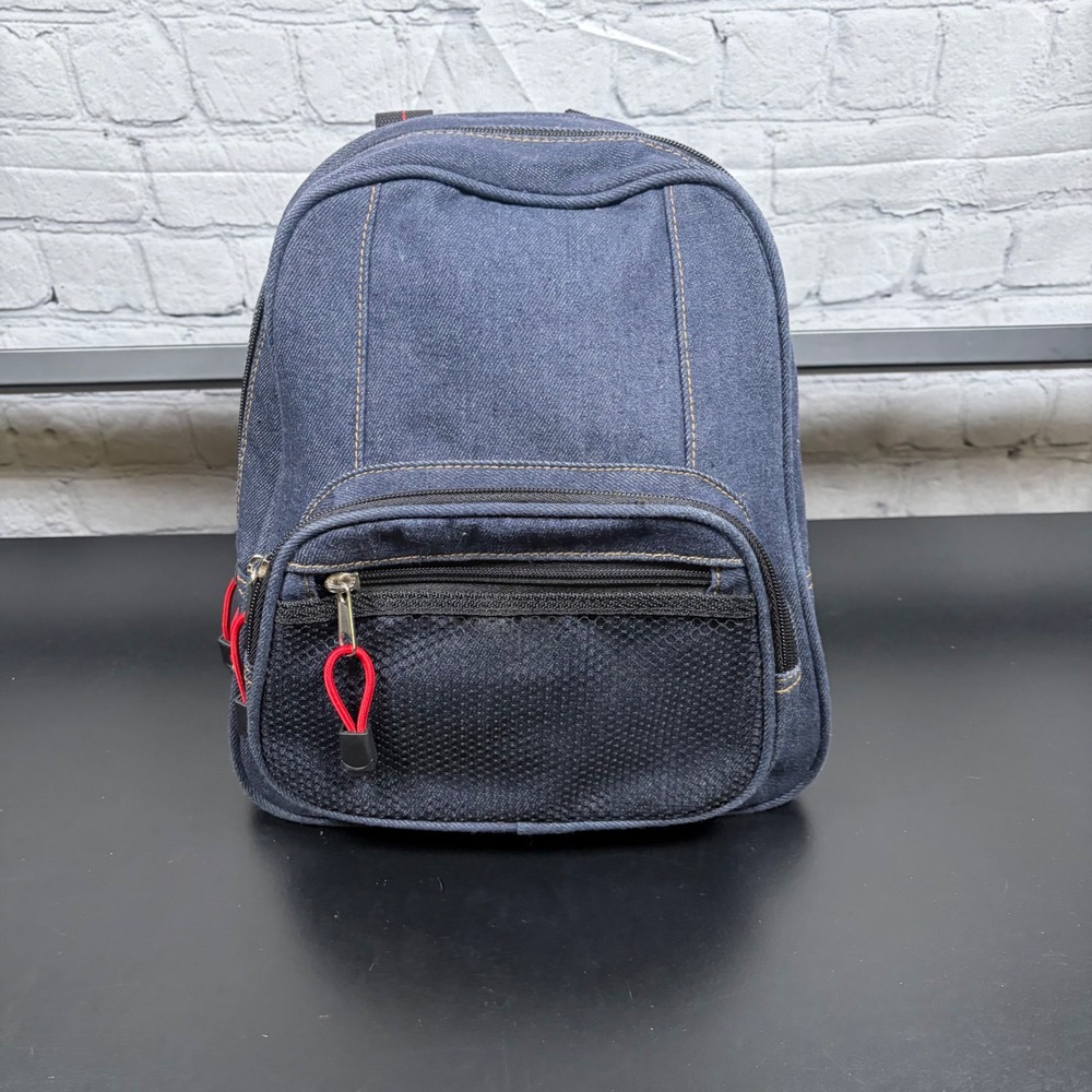 Blue Denim Mini Backpack Small Canvas Rucksack with Mesh Pocket and Red Accents